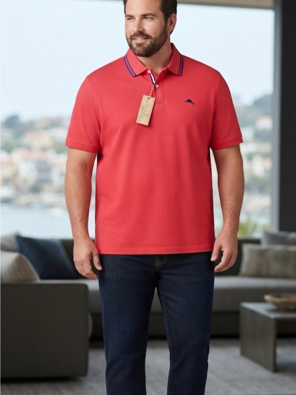 Tommy Bahama Coral Red Polo with Contrast Stripe Collar
